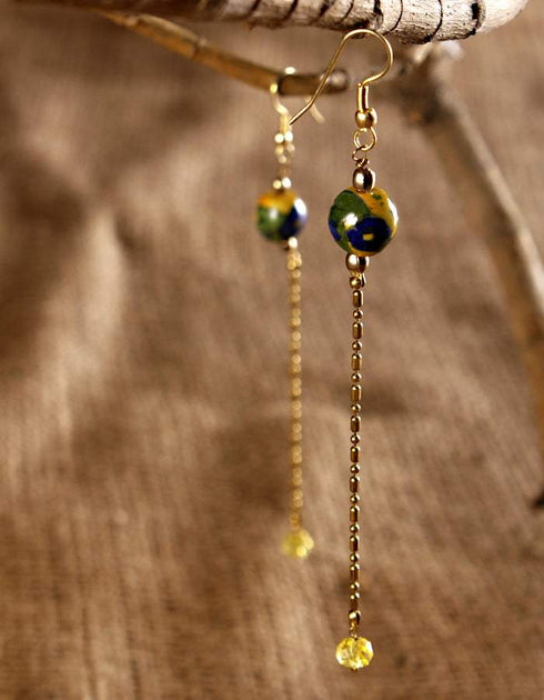 Blue Pottery Bead With Chain Earring (Yellow)